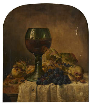 
	
		E M H Cox, 
		British, late 19th/early 20th century- 
		Still life of a goblet, grapes,...