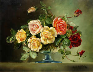 Cecil Kennedy, 
		British 1905-1997-
		 
		Pink, yellow and red roses in a glass vase; 
		 
		oil on canvas, signed, 35.5x45.5cm (ARR)
		 
		 