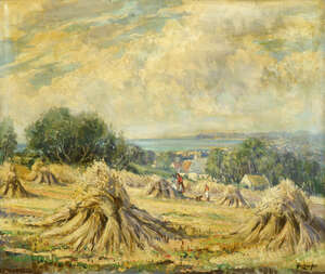 
	
		Rowland Hill RUA, 
		British 1915-1979- 
		 
		Harvest Scene;
		 
		oil on canvas,...