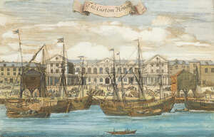Benjamin Cole, 
		British fl.1723-1767- 
		 
		The Custom House, from John Stowes 'A Survey of London'; View of the Foundling Hospital, 1754, after