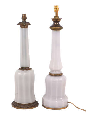 
	
		Two glass decorative table lamps, 20th century, one example with faceted body, brass...