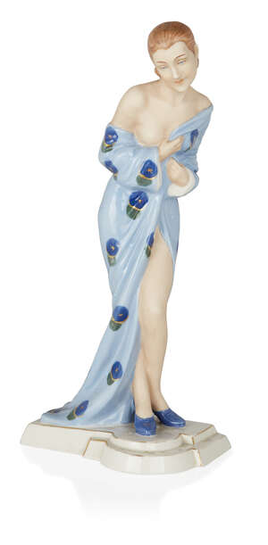 
	
		Schaff for Royal Dux, 
		 
		Model of a semi-nude female draped in blue shawl and with...