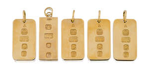 A group of five 9ct gold ingot bar pendants, each pierced with ring suspension, London hallmarks, 1976, gross weight, 143.6g