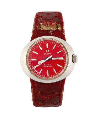 
	
		A 1970s lady's Omega Geneve Dynamic wristwatch, the red circular dial with applied baton...