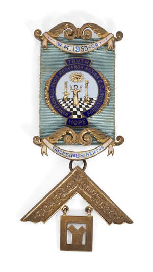 
	
		A Masonic 'Lodge Research' jewel, c.1955.56, designed with enamelled scenes, metal...
