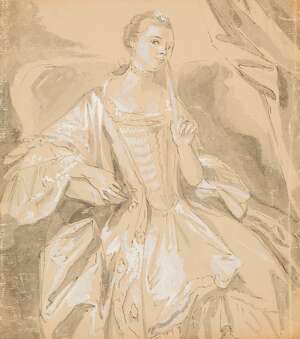 
	
		French School, 
		mid-late 18th century- 
		 
		Portrait of a lady holding a...
