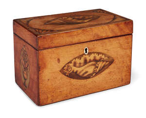 
	
		A George III satinwood and shell inlaid two-division tea caddy, each side decorated with...