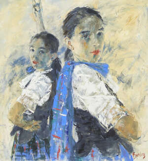 
	
		Muriel Barclay, 
		Scottish b.1951- 
		 
		Dos a Dos; 
		 
		oil on canvas, signed,...