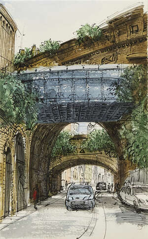 
	
		David Gentleman, 
		British b.1930- 
		 
		Railway Bridges, Southwark, 2011;
		 
		pen,...