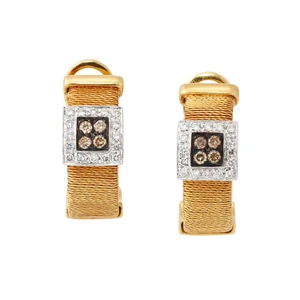 A pair of diamond set hoop earrings, with a brilliant-cut diamond and brown diamond set square...