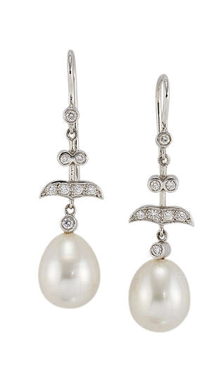 
	
		A pair of diamond and cultured pearl drop earrings, the cultured pearls of approximately...