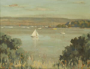 
	
		Frank Jameson,
		British 1899-1968-
		 
		Sail boats in a harbour;
		 
		oil on...