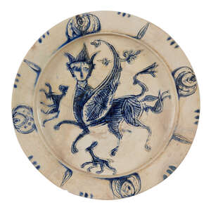 
	
		An exceptionally rare Laqabi polychrome ceramic dish, Syria, circa 1200-1250, of deep...