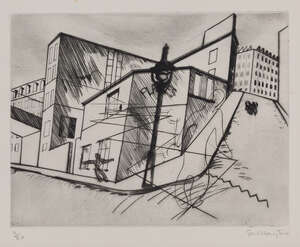 
	
		Stanley William Hayter CBE,
		British 1901-1988-
		 
		Rue de la Villette [Black &...
