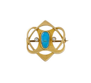 A group of jewellery, silver objects and costume jewellery, including: an Art Nouveau gold, turquoise and half-pearl brooch, by Murrle, Bennett & Co of typical