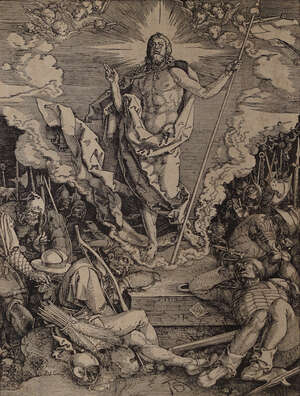 After Albrecht Dürer, 
		German 1471-1528- 
		 
		The Large Passion: The Resurrection and Samson Fighting with the Lion; 
		 
		woodcuts on wove, two, 