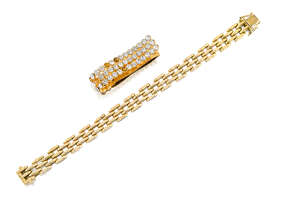
	
		A continental gate-link bracelet, length 18.5cm; and a paste-set gilt clip (2)

	

