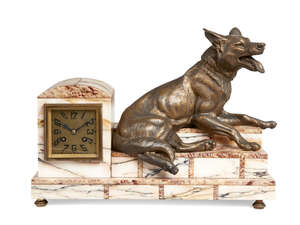 
	
		A French Art Deco eight-day spelter and marble mantel clock, 1930s, surmounted with a...