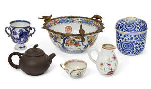 
	
		Six pieces of Chinese porcelain, 18th-20th century, comprising an 18th century gilt metal...