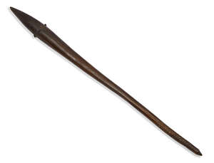 
	
		An Aboriginal hardwood throwing club, late 19th century, chip carved grip, adorned to the...