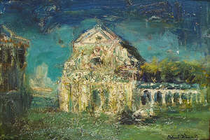 
	
		Clifford Fishwick, 
		British 1923-1997- 
		 
		Ruins, c.1952; 
		 
		oil on board,...