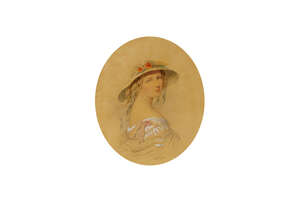 
	
		Henry E Hobson, British act. 1857-1870- Portrait of a lady in a straw hat, head and...