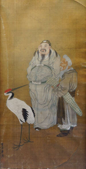 
	
		19th century Chinese school, set of three ink and colour on silk, scholars with a crane,...