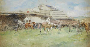
	
		John Axel Richard Beer, 
		British 1853-1906- 
		 
		Racing at Epsom; 
		 
		pencil,...