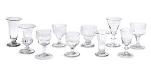 
	
		A Georgian drinking glass, 18th century, with tapering bucket form bowl, with reel stem,...