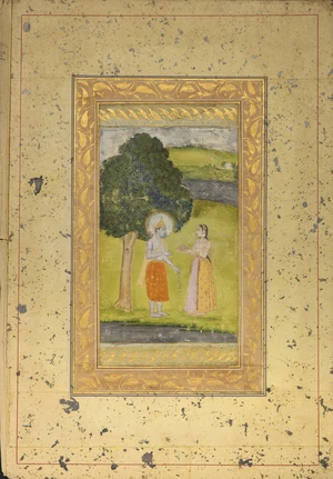 An illuminated album page : Krishna and Radha under a tree on a river bank,&nbsp;Possibly Bikaner,...