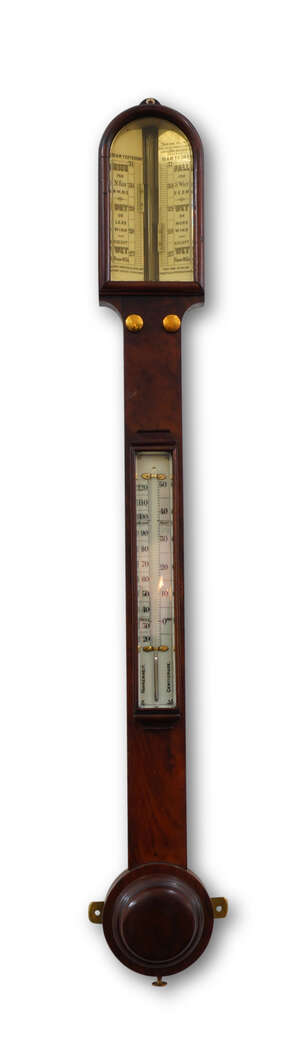 
	
		A Victorian mahogany barometer, with ivory indication board and thermometer below, 93cm...
