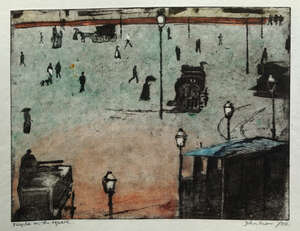
	
		John Keen, British b.1924- People on the Square; aquatint in colours, signed, titled and...