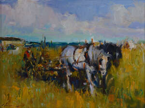 Ken Moroney, 
		British b. 1949- 
		Shire horses pulling a cart;
		oil on board, signed, 27.5x37.5cm (ARR)