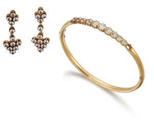 A cubic zirconia bangle and earrings, the hinged half-hoop bangle composed of a graduated line of circular-cut cubic zirconia, one deficient, internal diam. 6.