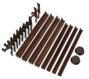 
	
		Ten Chinese wood plate stands, 20th century, a pair of hardwood stands, and eight Mahjong...