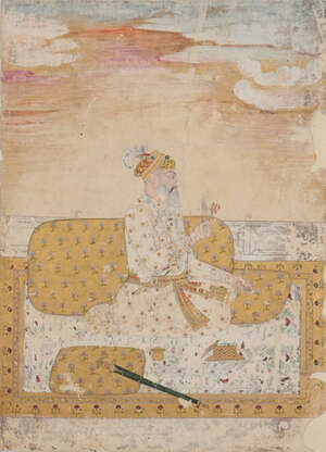 
	
		A Mughal portrait of a kneeling nobleman holding a flower, India, circa 1680, opaque...