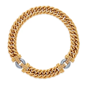 An Italian haematite and diamond necklace, composed of a disc-shaped hematite panel with brilliant-cut diamond line set shoulders, to curb link chain connectio