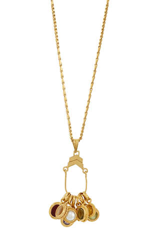 A gem necklace, designed as a fancy-link neckchain suspending a fringe of collet-set gemstones drops, including, half-pearl, garnet, citrine, amethyst and chat