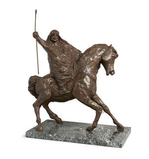 
	
		A French bronzed figure of an Arab on horseback, 20th century, modelled holding a spear...