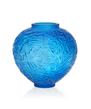 
	
		René Lalique (1860-1945), a clear and frosted Blue glass vase
		Gui No. 948, designed...