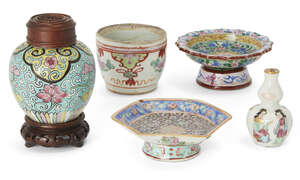 
	
		Five Chinese famille rose porcelains, 19th century, comprising a miniature double gourd...