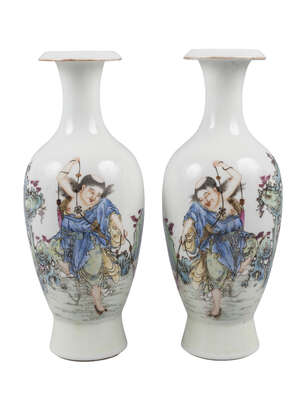 
	
		A pair of Chinese porcelain baluster vases after Wang Xiao Tang, Qianlong mark, Republic...