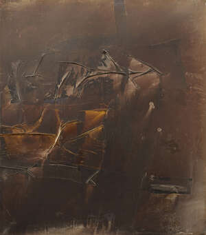 
	
		Max Chapman, British 1911-1999- Untitled (purple collage); and collage on canvas, signed...