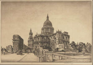 
	
		Sir Henry George Rushbury,
		British 1889-1968-
		 
		View of St Paul's, 1942;
		 
		
