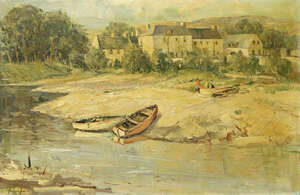 
	
		Rowland Hill RUA, 
		British 1915-1979- 
		 
		Boats moored on a tranquil...