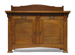 
	
		Arts & Crafts, an oak and inlaid sideboard  
		c.1900, applied label to reverse - 'Hull,...