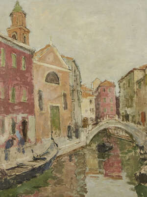
	
		Edward le Bas RA,
		British 1904-1966-
		 
		Venetian Canal;
		 
		oil on board,...