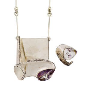 
	
		A 1970s Lapponia 'Monolith' acrylic set necklace and ring, by Bjorn Weckstrom, the...