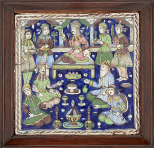 
	
		A Qajar moulded pottery tile, Iran, late 19th century, of square form, depicting a ruler...