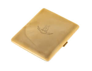 
	
		A 9ct gold cigarette case with engraved crest, of plain hinged design, Birmingham...
